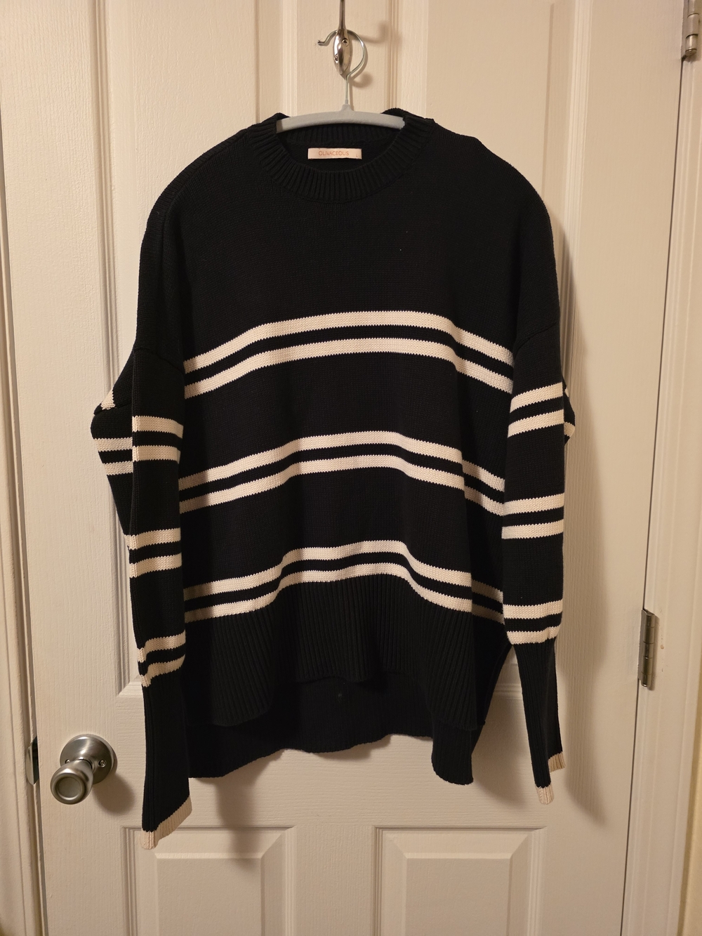 Olivaceous Black & White Striped Crewneck Sweater